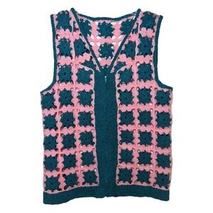Vintage Handmade Crochet Granny Square Vest Size Med Lg Pink Teal
